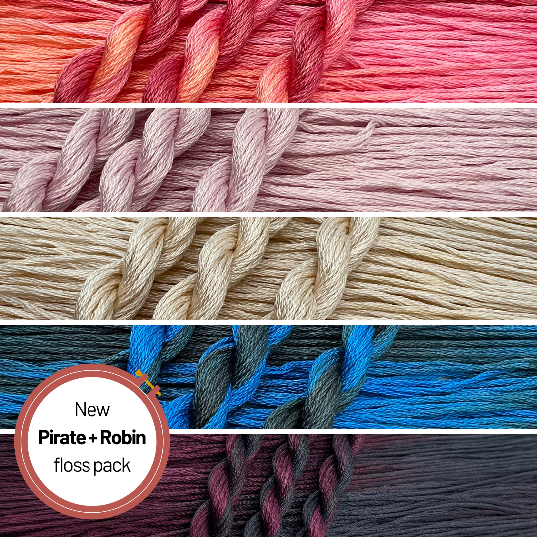Collection of twisted embroidery floss
 in various colors with 'Pirate + Robin' branding.