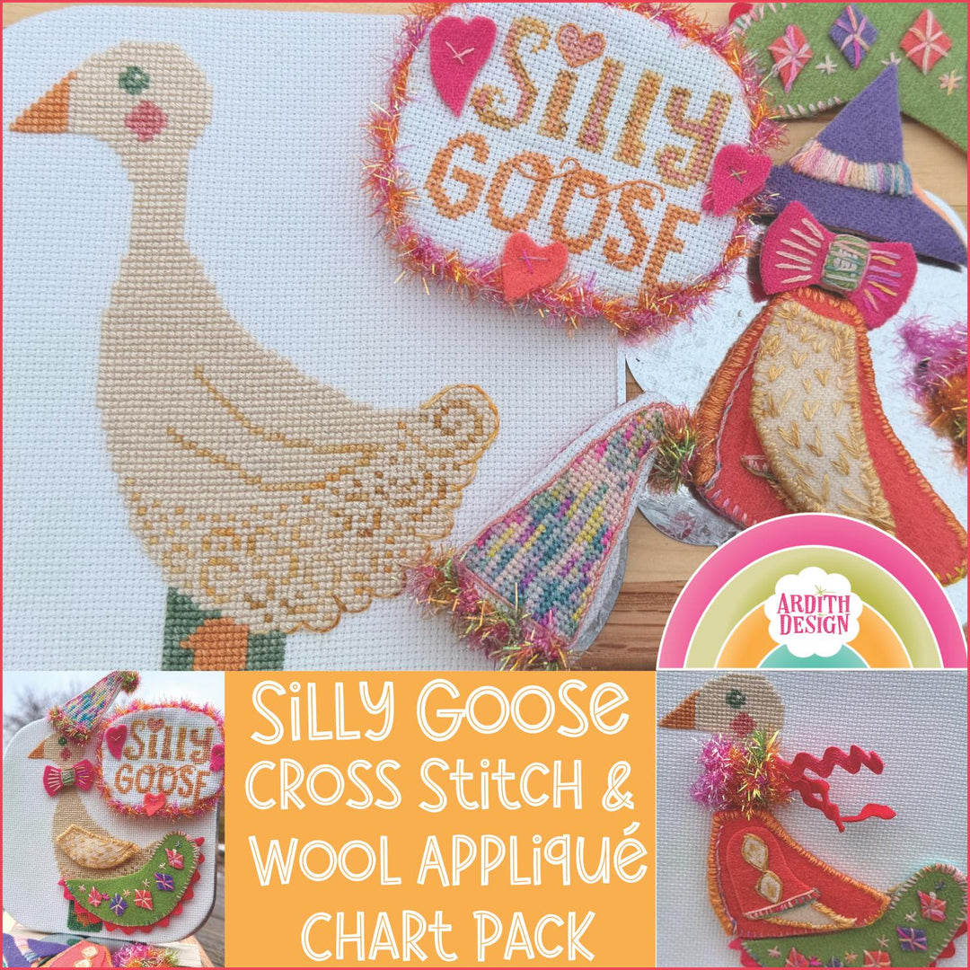 Silly Goose cross stitch and wool applique chart pack with goose design and related products.