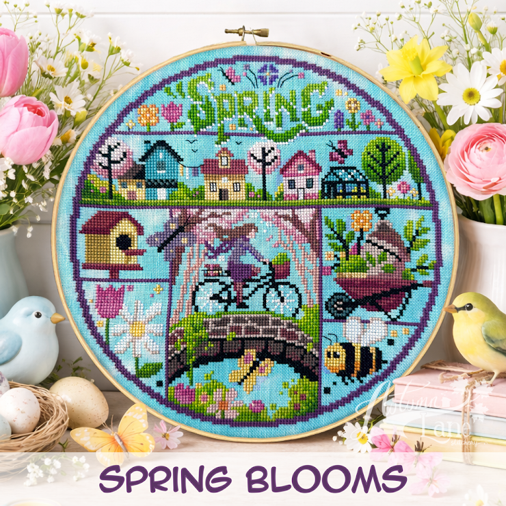 Cross-stitched hoop with 'Spring Blooms' design surrounded by flowers and Easter elements.
