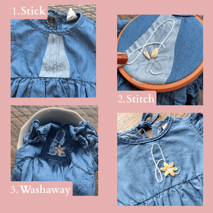 A four-panel instructional collage showing how to apply and remove a flower applique patch on a blue denim dress. Step 1 shows the patch applied, Step 2 shows it being stitched in an embroidery hoop, Step 3 shows it inside a bowl, and Step 4 shows it washed away with a paperclip-like motion.