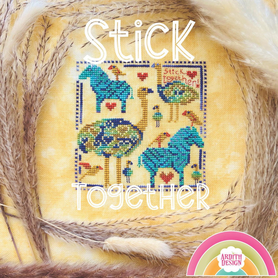 Cross-stitched design with animals and text 'Stick Together' on a yellow background, surrounded by natural elements.