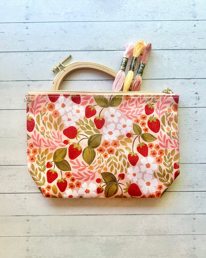 strawberry pouch floral zipper pouch with hoop and three skeins of DMC floss