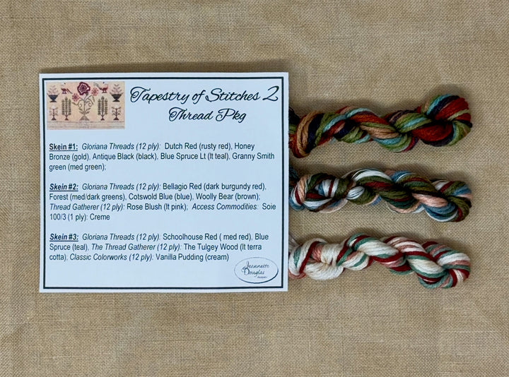 Three skeins of multicolored yarn on a textured beige background with a label for 'Tapestry of Stitches 2'.