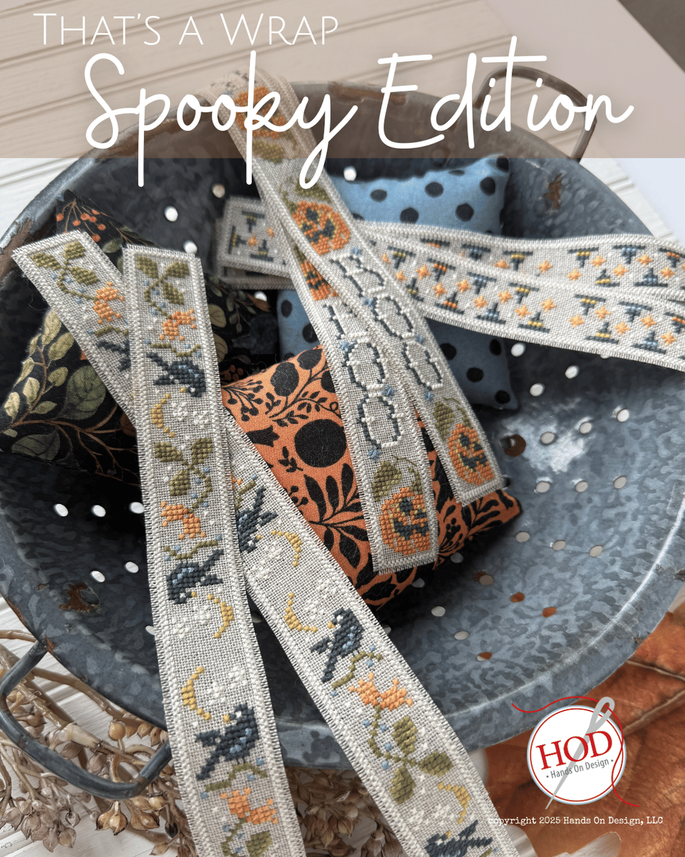 Decorative ribbons with Halloween-themed designs on a textured surface, featuring the brand 'HOD'.