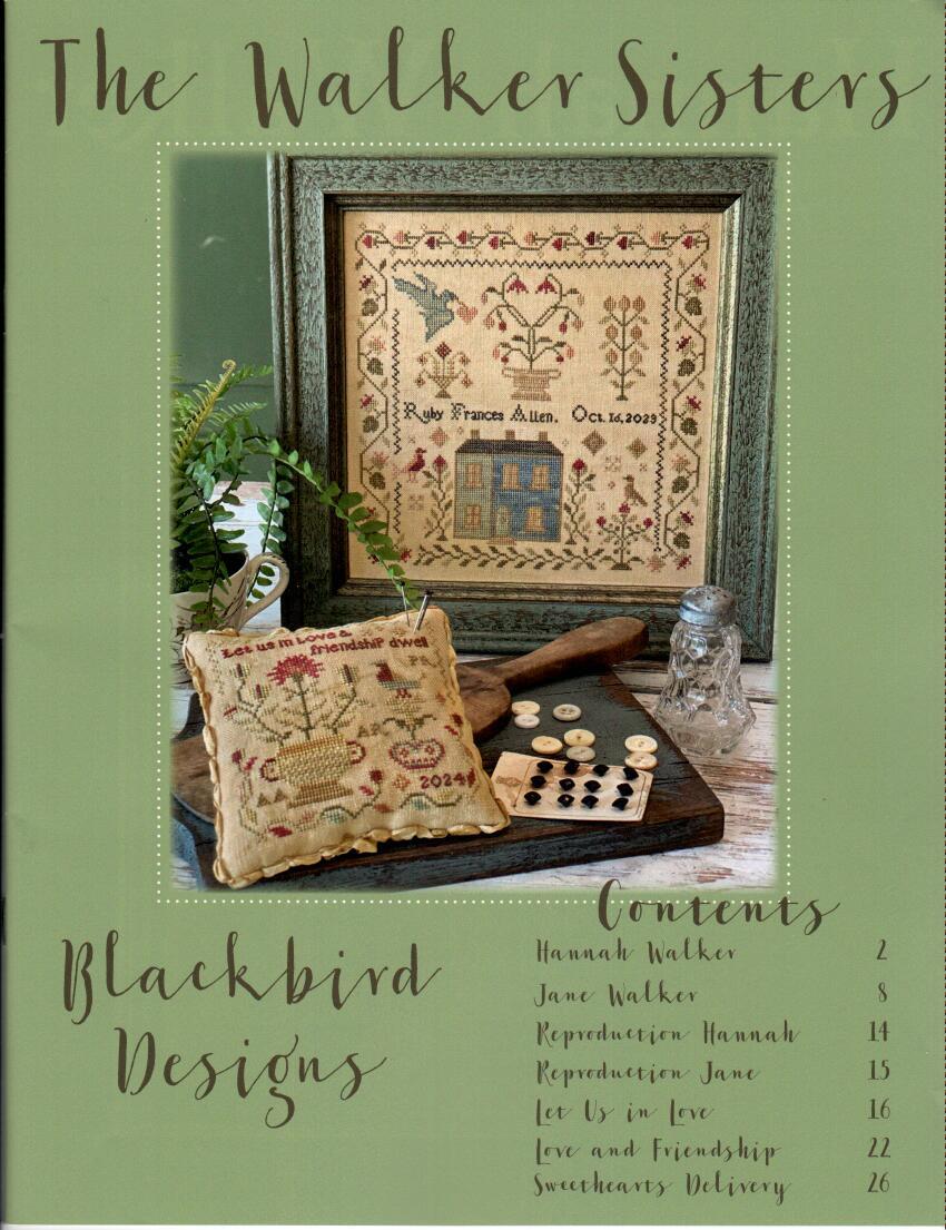 Book cover of 'The Walker Sisters' by Blackbird Designs with a green background and sampler on a table.