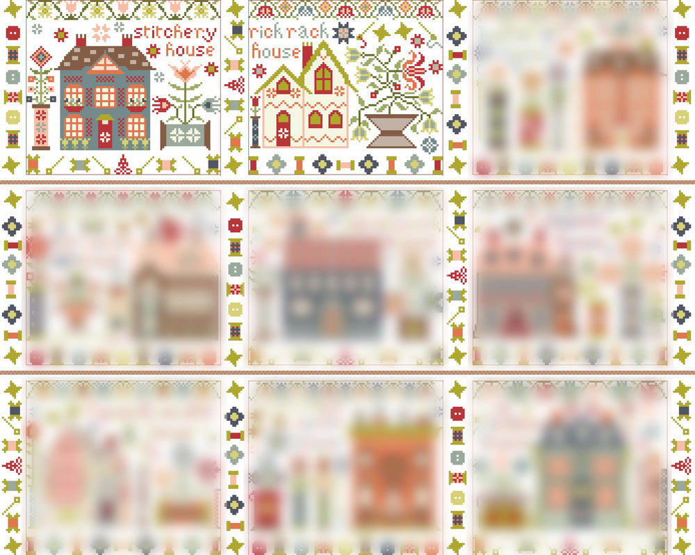 Patterned fabric with embroidered house designs and decorative borders.
