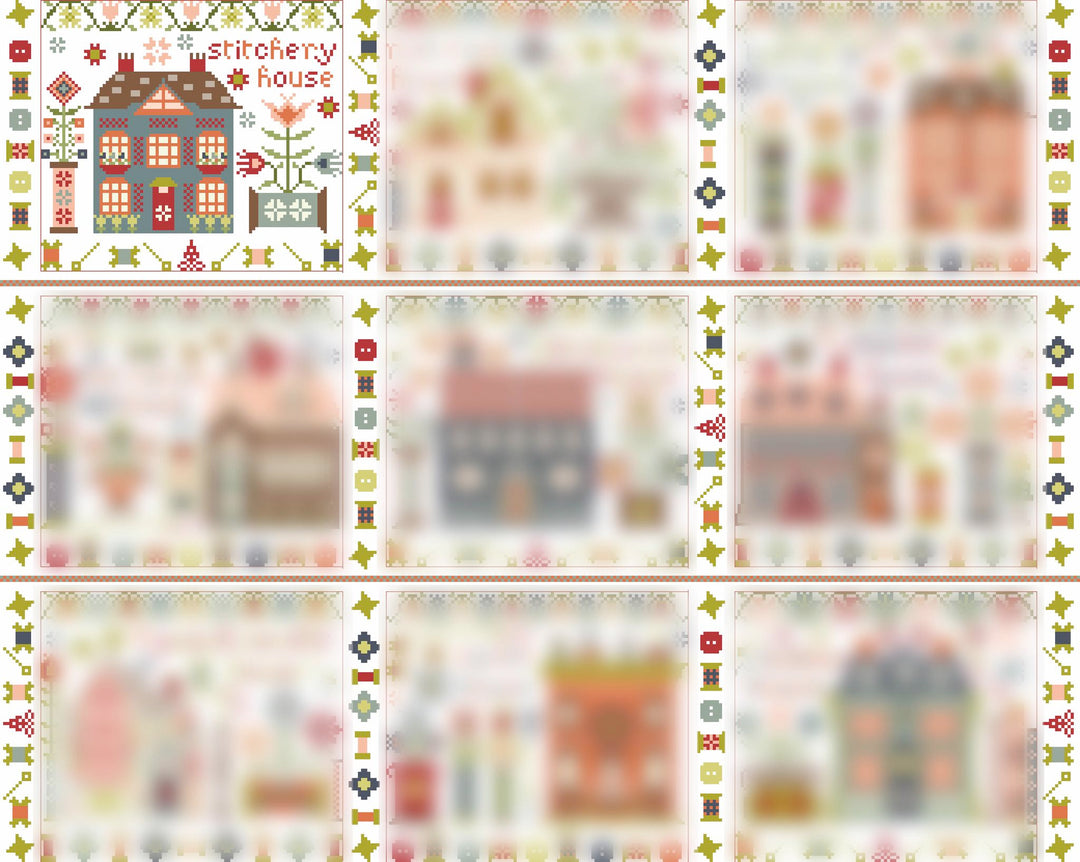 Patterned fabric with small houses and decorative elements, featuring the brand 'Stitchery House'.