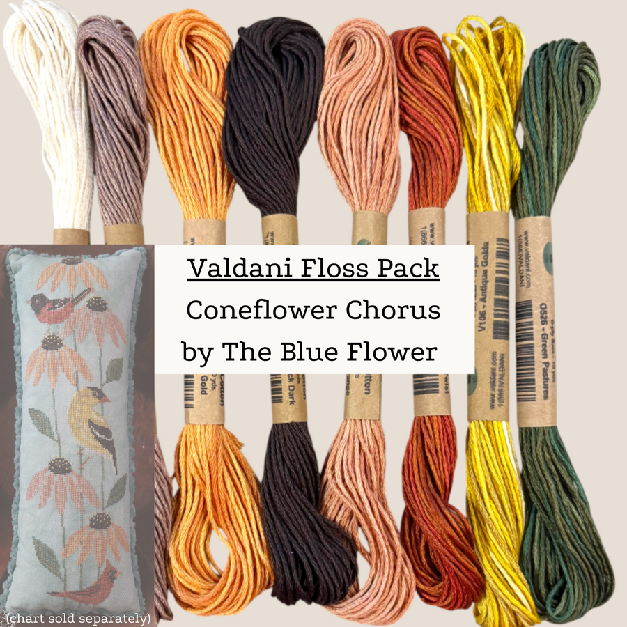 Valdani Floss Pack Coneflower Chorus with colorful floss on a beige background