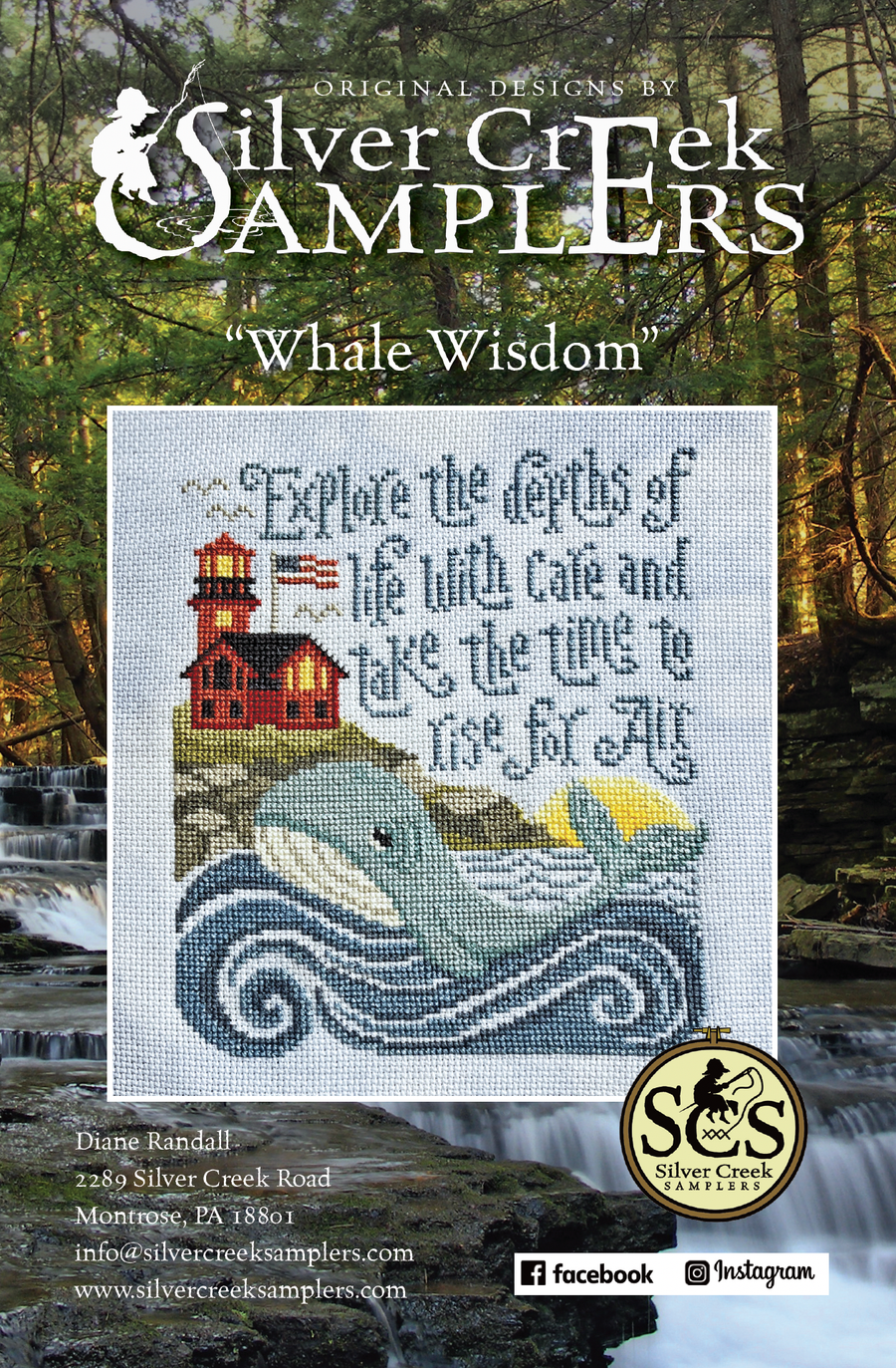 Cross-stitch pattern for a whale and lighthouse design with text, branded by Silver Creek Samplers.