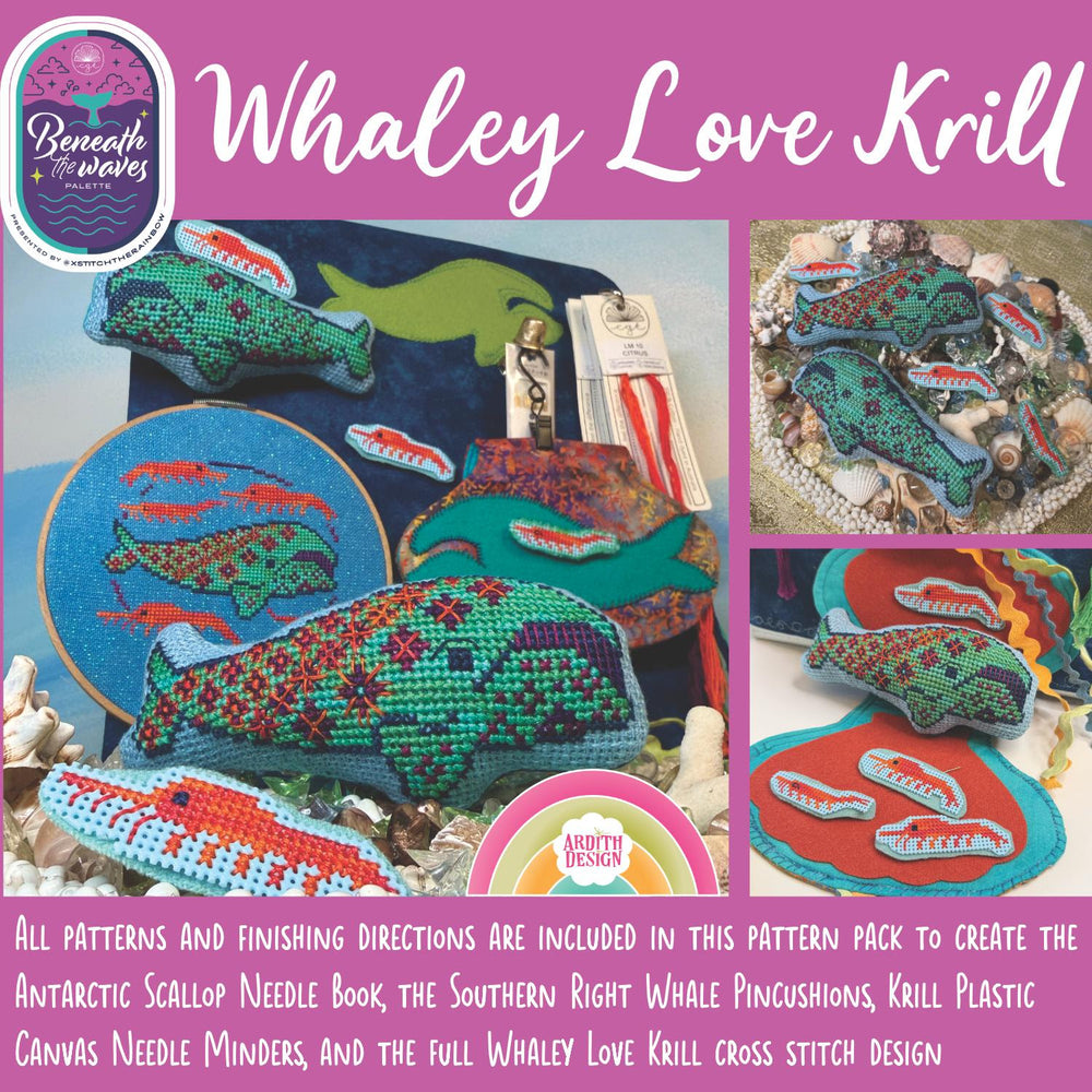 Whaley Love Krill cross stitch pattern pack with whale-themed items and 'Beneath the Waves' branding.