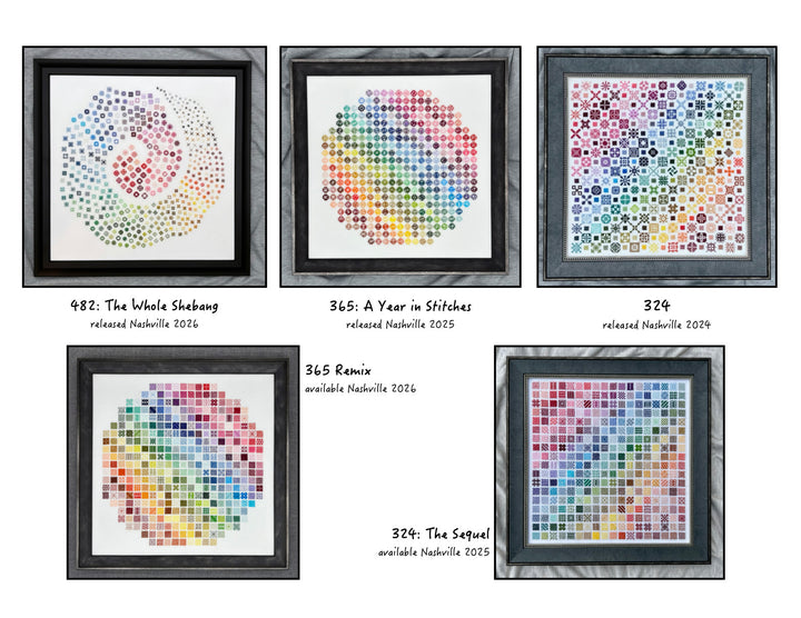 Set of framed abstract art pieces with text labels on a white background