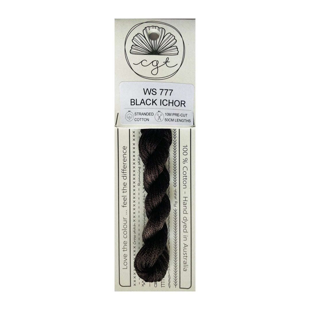 Yarn package labeled 'Black Ichor' with a visible brand logo on a white background