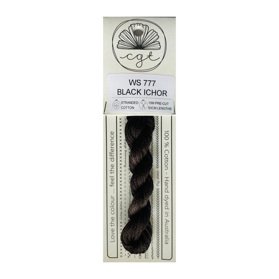 Yarn package labeled 'Black Ichor' with a visible brand logo on a white background