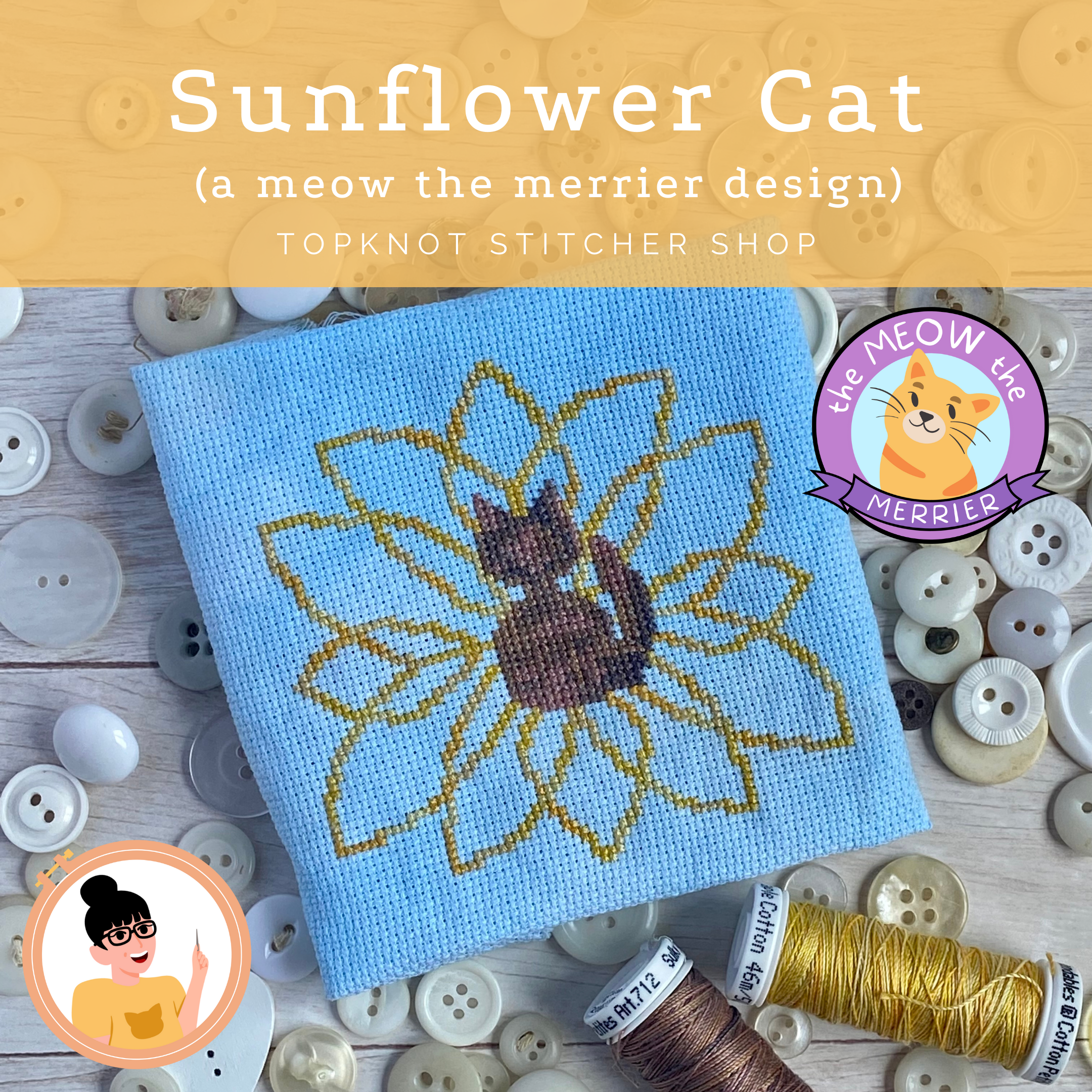 Sunflower Cat - The Meow The Merrier | TopKnot Stitcher Shop - Printed Pattern