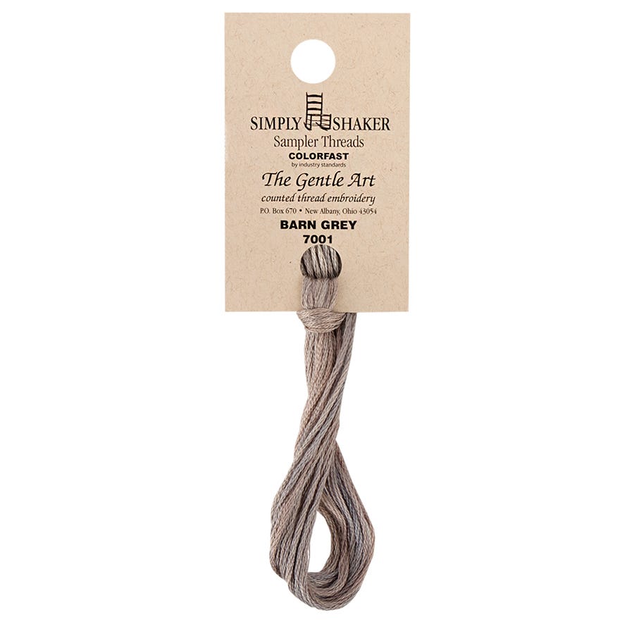 Barn grey embroidery thread on a Simply Shaker label against a white background
