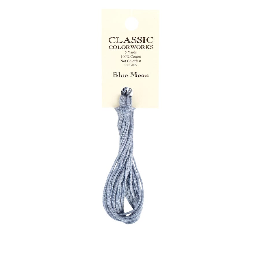 A skein of hand-dyed embroidery floss labeled 'Blue Moon' by Classic Colorworks, displayed on a card.