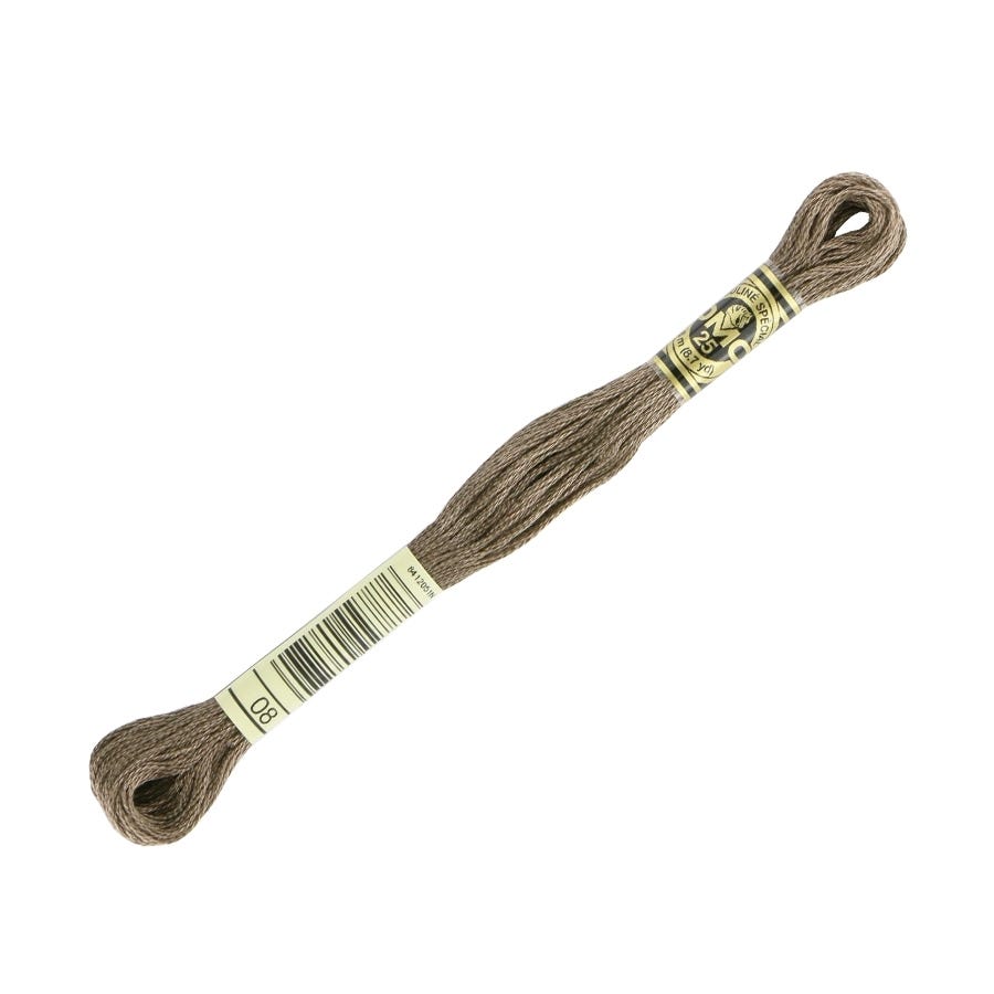 Brown embroidery floss with a label on a white background