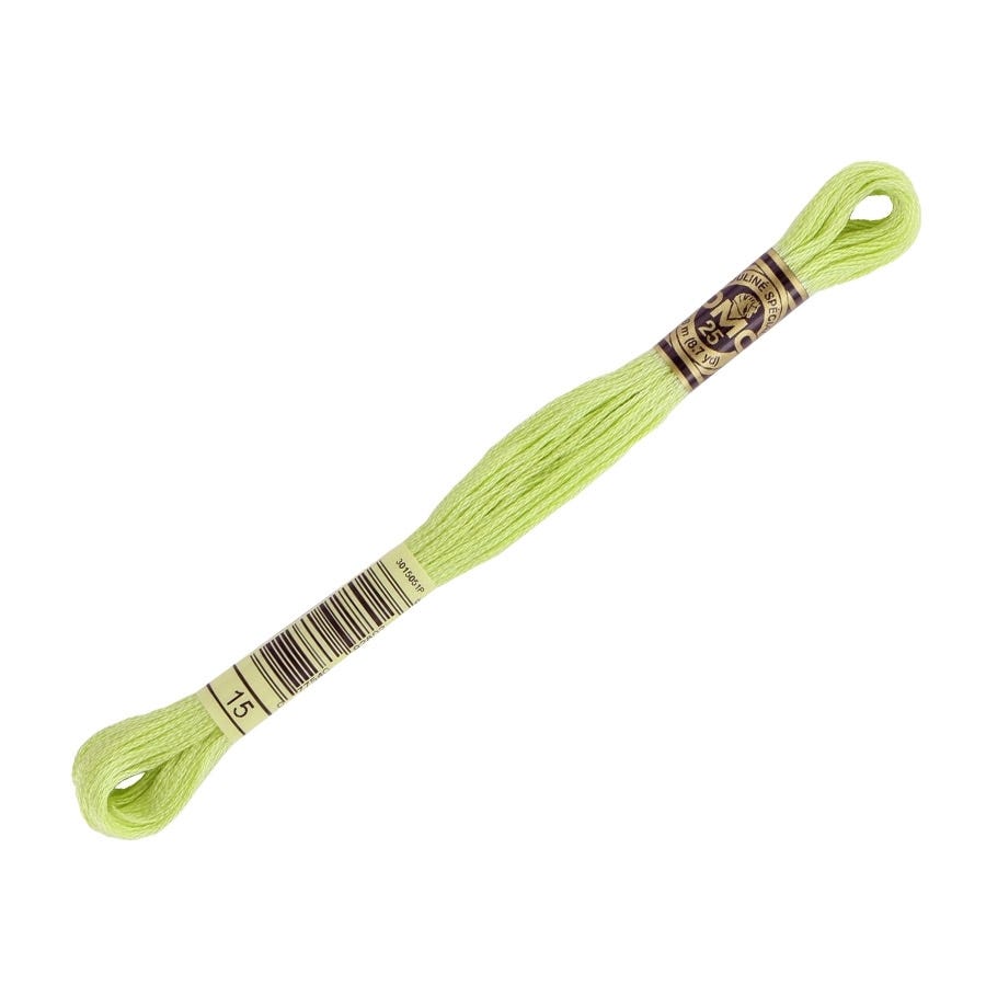 Lime green embroidery floss spool with a label on a white background