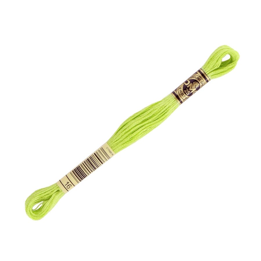 Lime green embroidery floss with a brown label on a white background