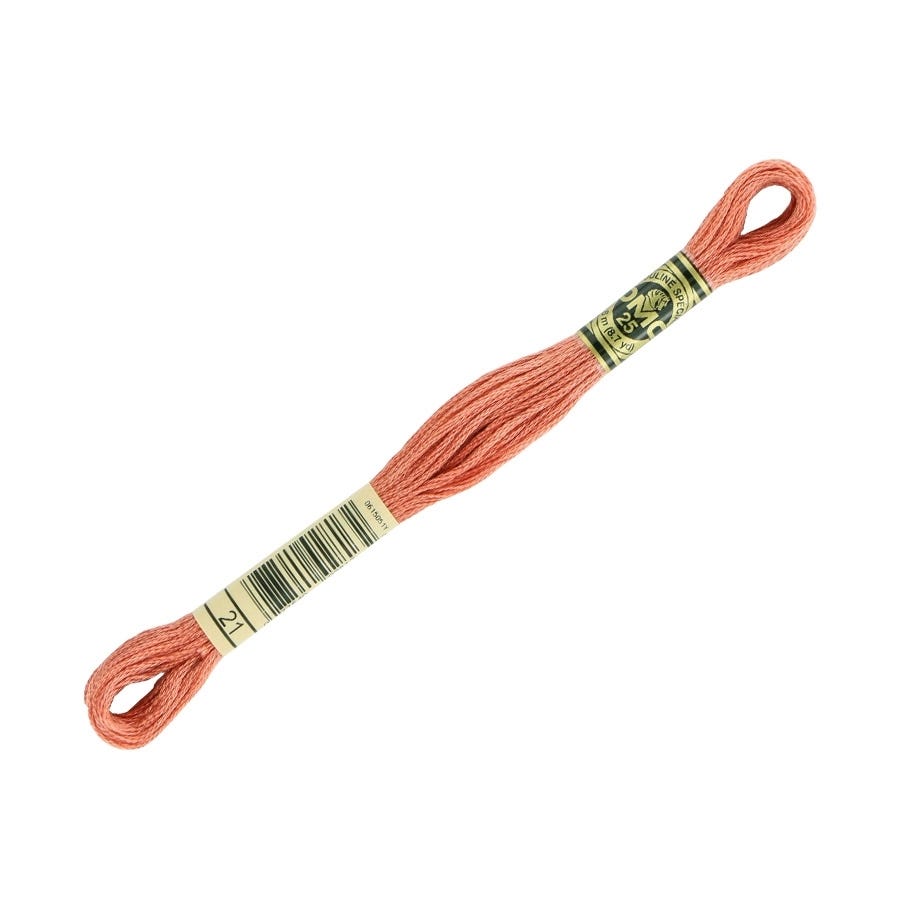 Spool of coral embroidery floss with a brand label on a white background
