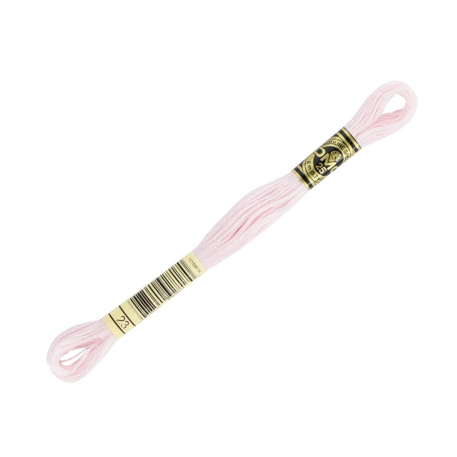 Pink embroidery floss with a gold label on a white background