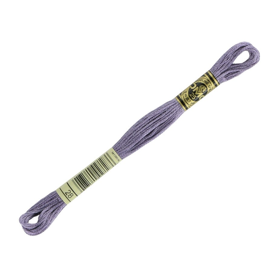 Spool of purple embroidery floss with a label on a white background