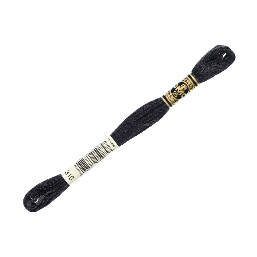 Black embroidery floss spool with a label on a white background