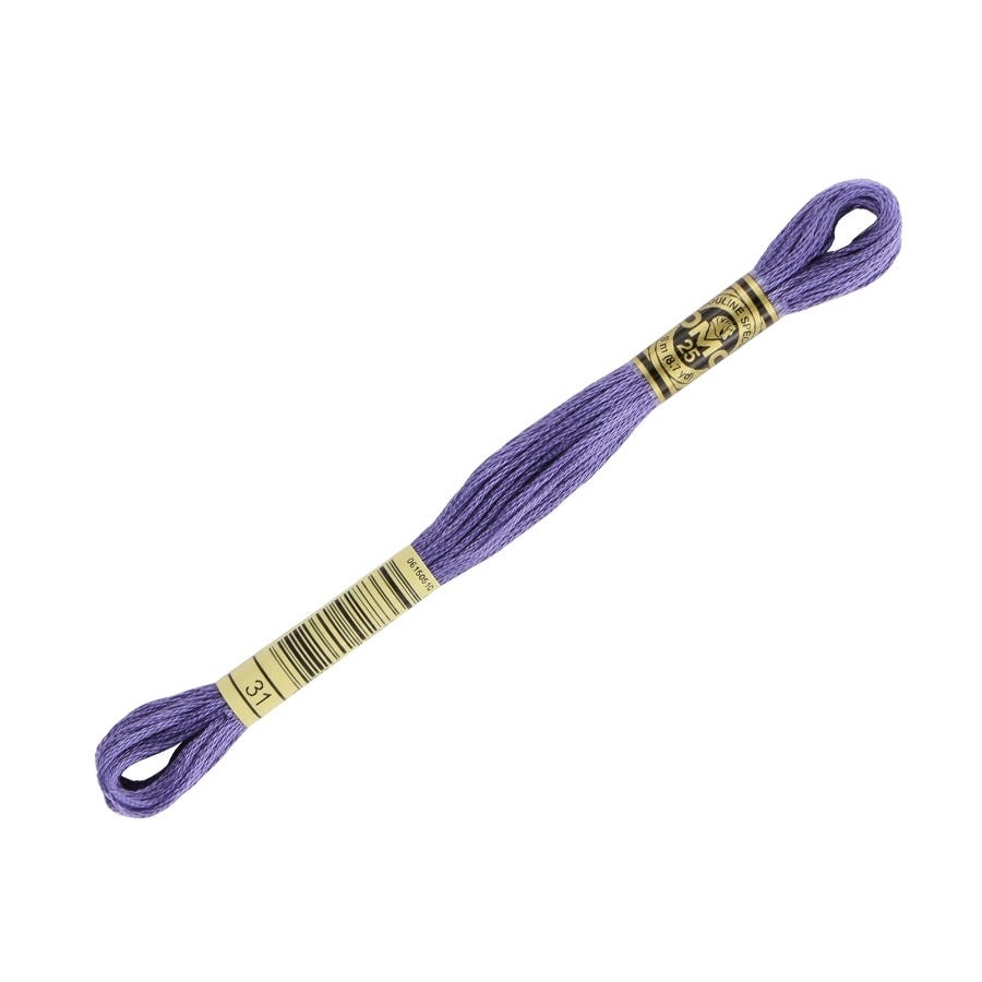 Purple embroidery floss with a yellow label on a white background