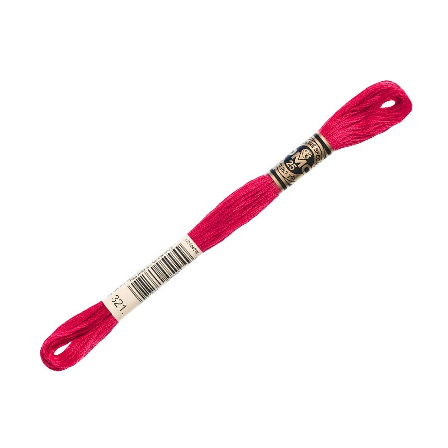 Red embroidery floss with a brand label on a white background