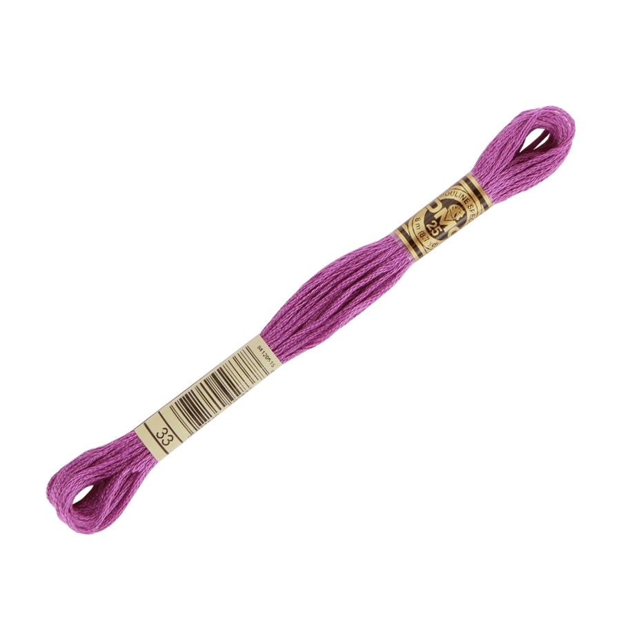 Purple embroidery floss with a label on a white background