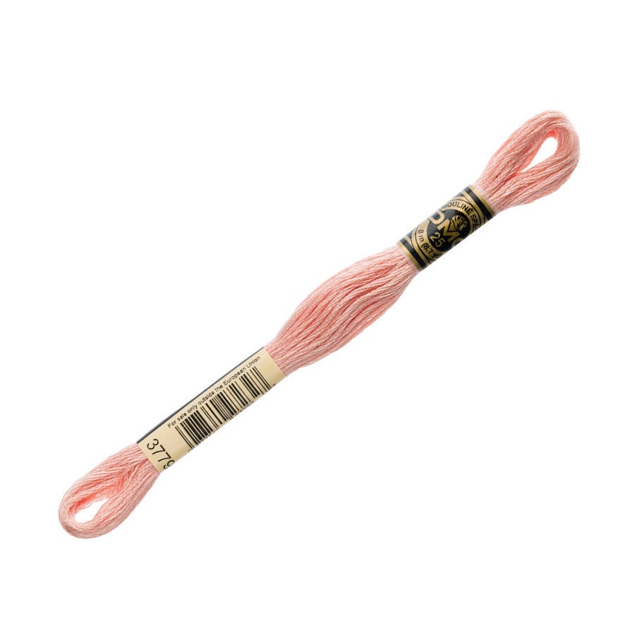 Spool of pink embroidery floss with a label on a white background