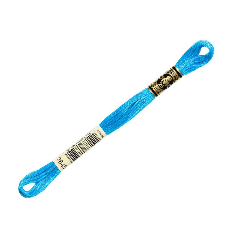 Blue embroidery floss spool with a brand label on a white background