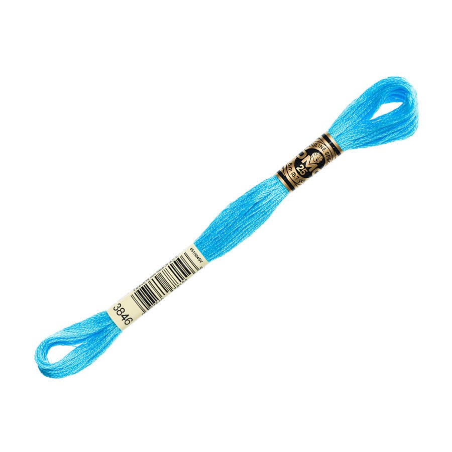 Blue embroidery floss spool with a gold label on a white background