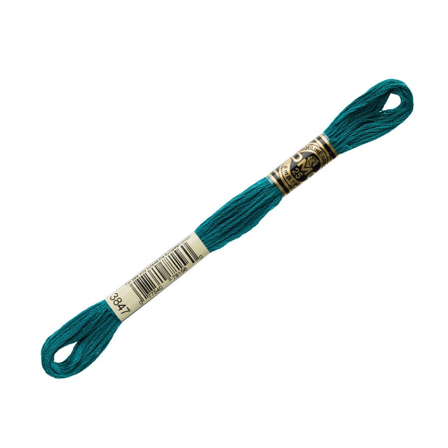 Teal embroidery floss with a label on a white background
