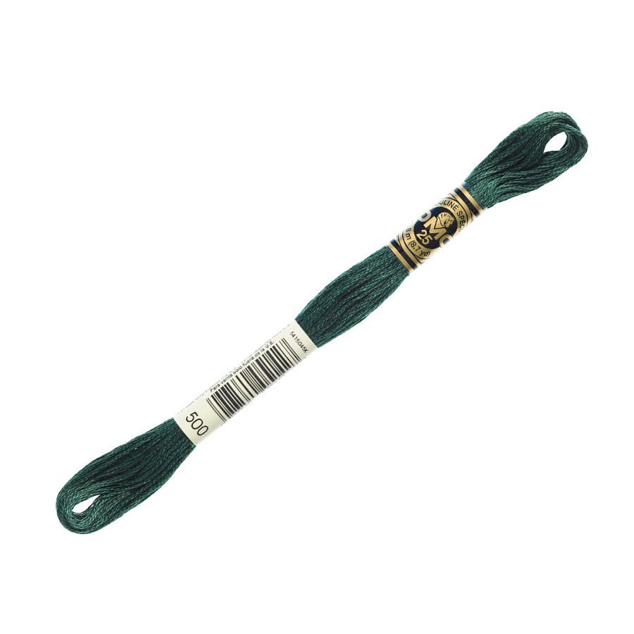 A skein of DMC embroidery floss in a dark blue-green color, with 6 strands visible.