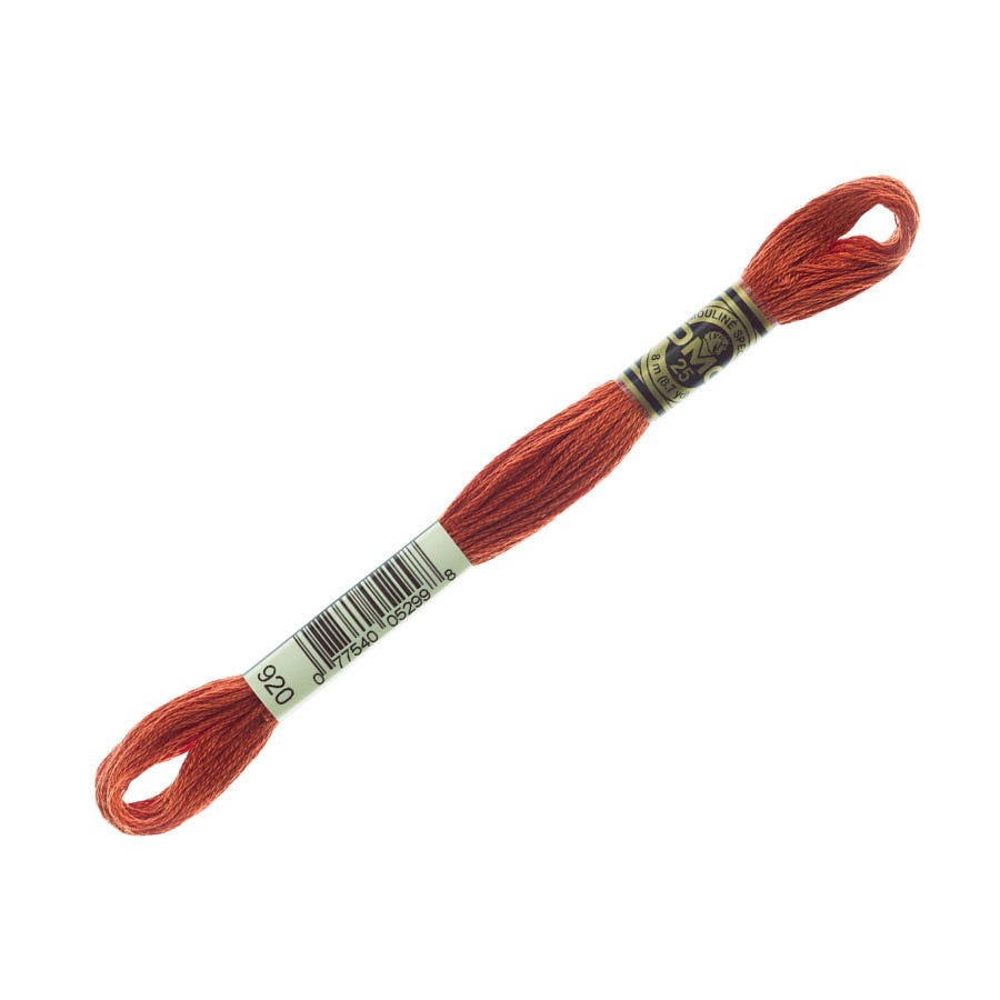 Red embroidery floss spool with a label on a white background