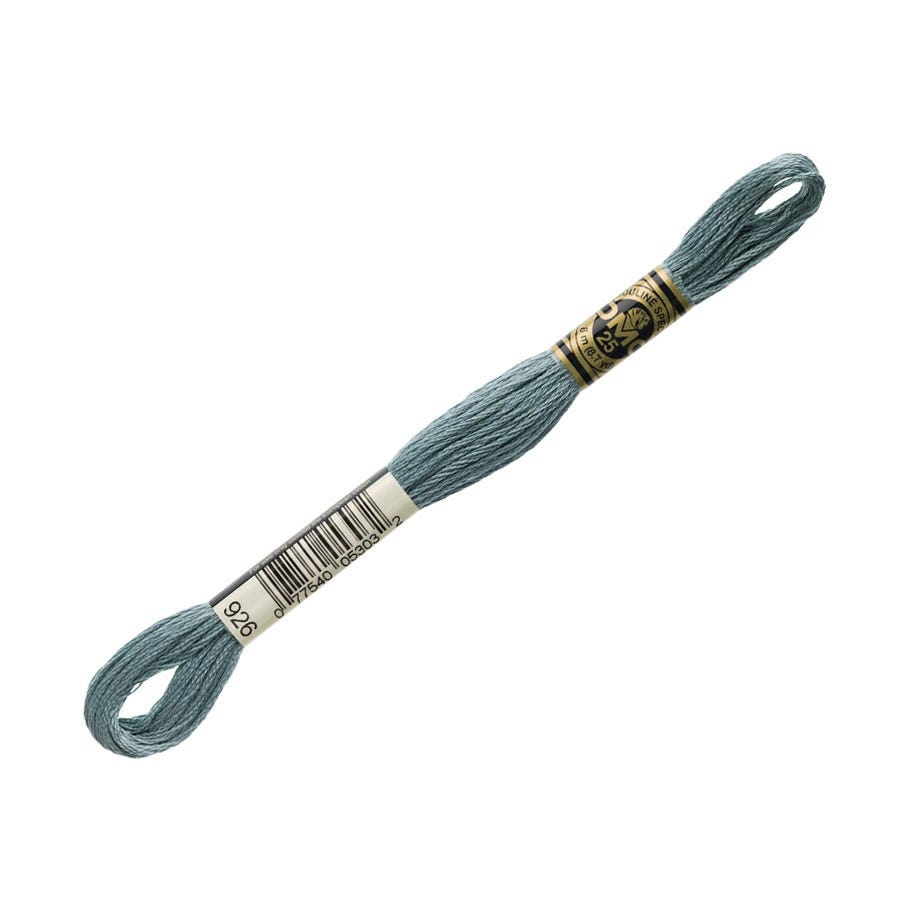 Spool of blue embroidery floss with a brand label on a white background