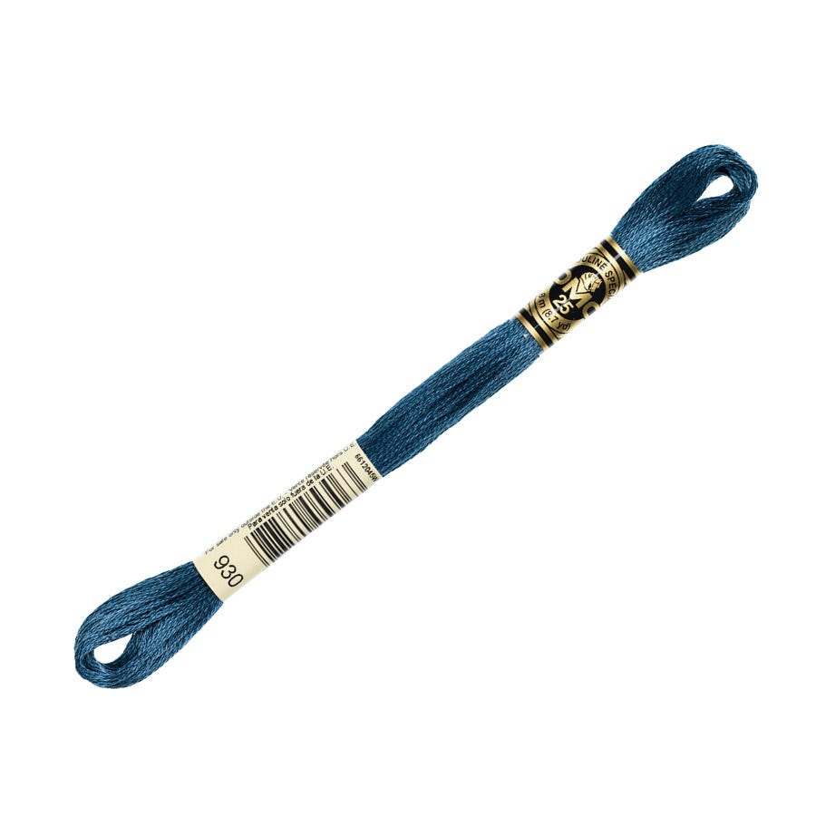 Blue embroidery floss with a gold spool on a white background