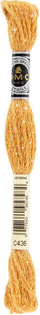Cross stitch thread skein with a DMC label on a white background