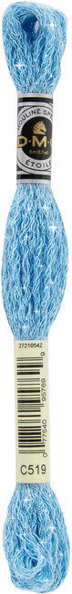 Light blue skein of yarn with a label on a white background