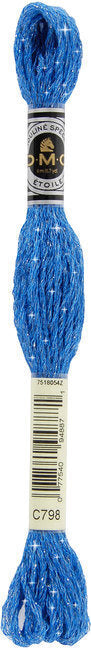 Blue embroidery floss spool with a label on a white background