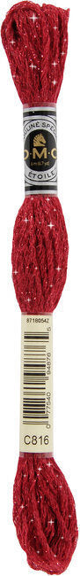 Red embroidery floss with a label on a white background