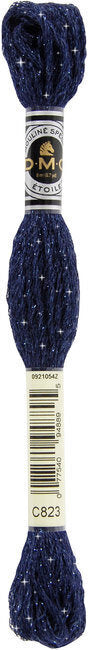 DMC embroidery floss spool in dark blue with label