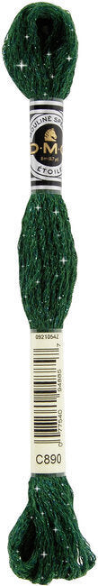 Green spool of embroidery floss with a label on a white background