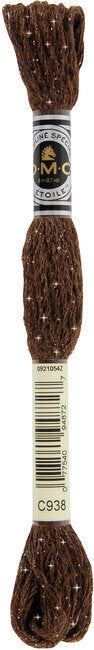 Brown embroidery floss spool with label on a white background