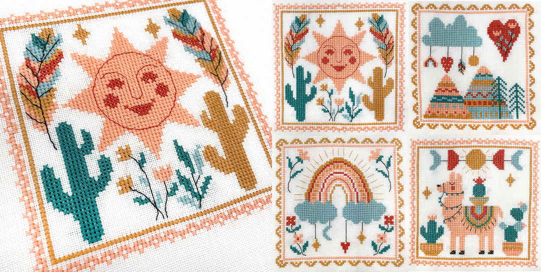 Collection of cross-stitch patterns featuring a sun, cactus, rainbow, and llama.