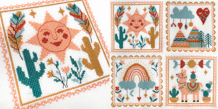 Collection of cross-stitch patterns featuring a sun, cactus, rainbow, and llama.