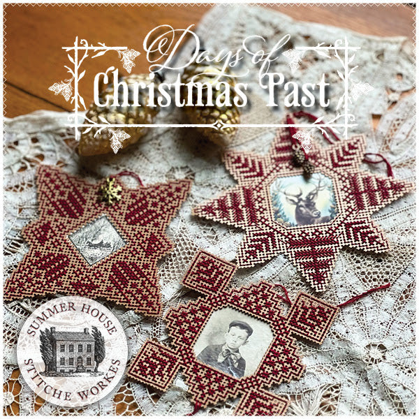 Decorative Christmas ornaments with vintage photos on a lace background, featuring 'Days of Christmas Past' and 'Summer House Stitche Works' logos.