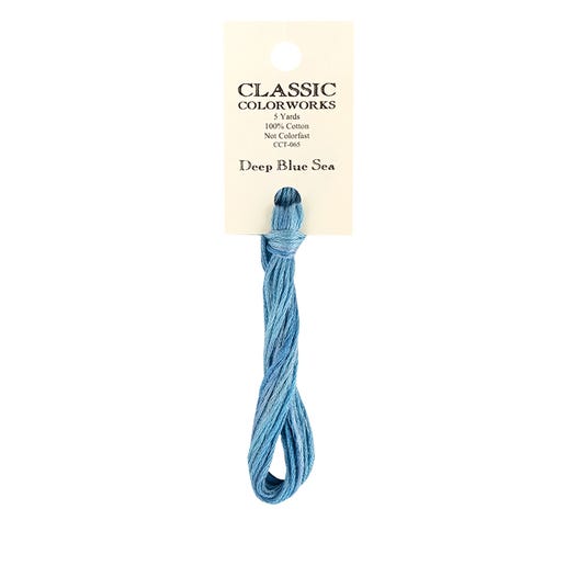 A skein of hand-dyed embroidery floss labeled 'Deep Blue Sea' by Classic Colorworks, displayed on a card.