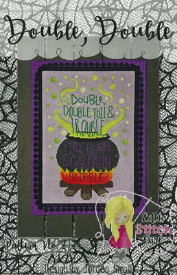 Cross-stitched pattern with a cauldron and text on a spider web background, featuring the brand 'Little Stitch'.